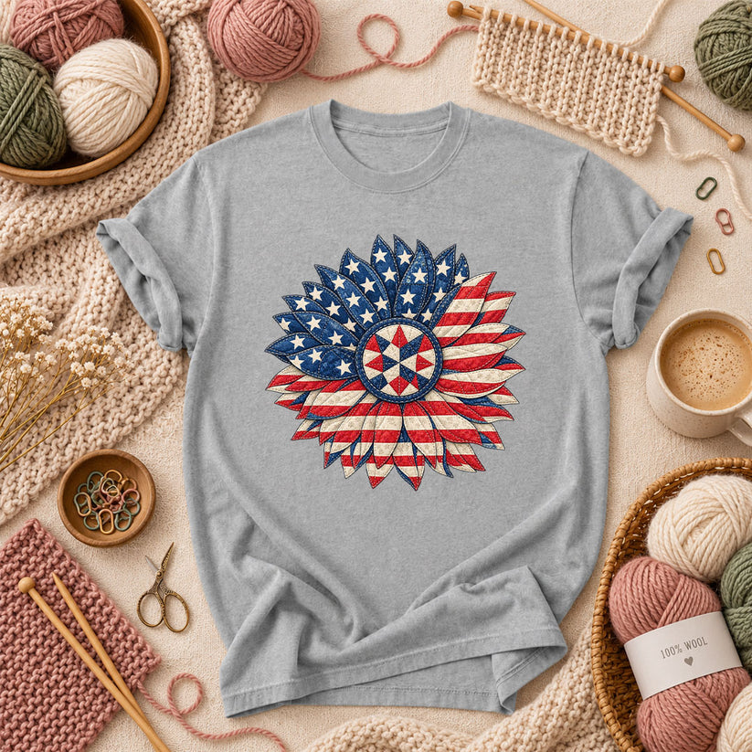Patriotic Americana Quilted Sunflower T-Shirt - Athletic Heather