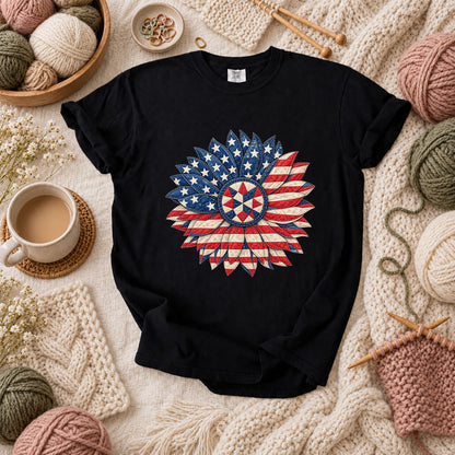 Patriotic Americana Quilted Sunflower T-Shirt - Black