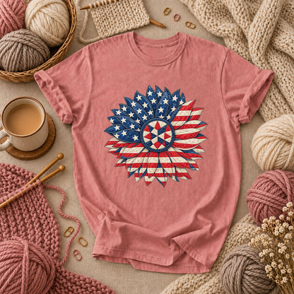 Patriotic Americana Quilted Sunflower T-Shirt - Heather Mauve