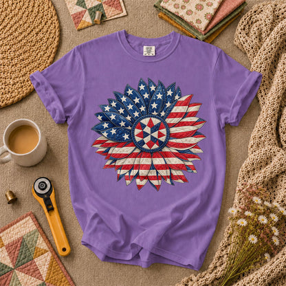 Patriotic Americana Quilted Sunflower T-Shirt - Heather Team Purple