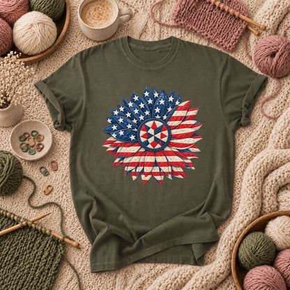 Patriotic Americana Quilted Sunflower T-Shirt - Military Green