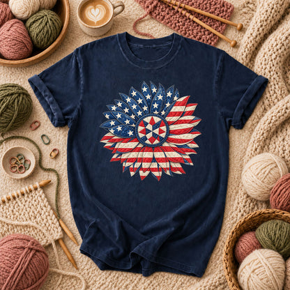 Patriotic Americana Quilted Sunflower T-Shirt - Navy