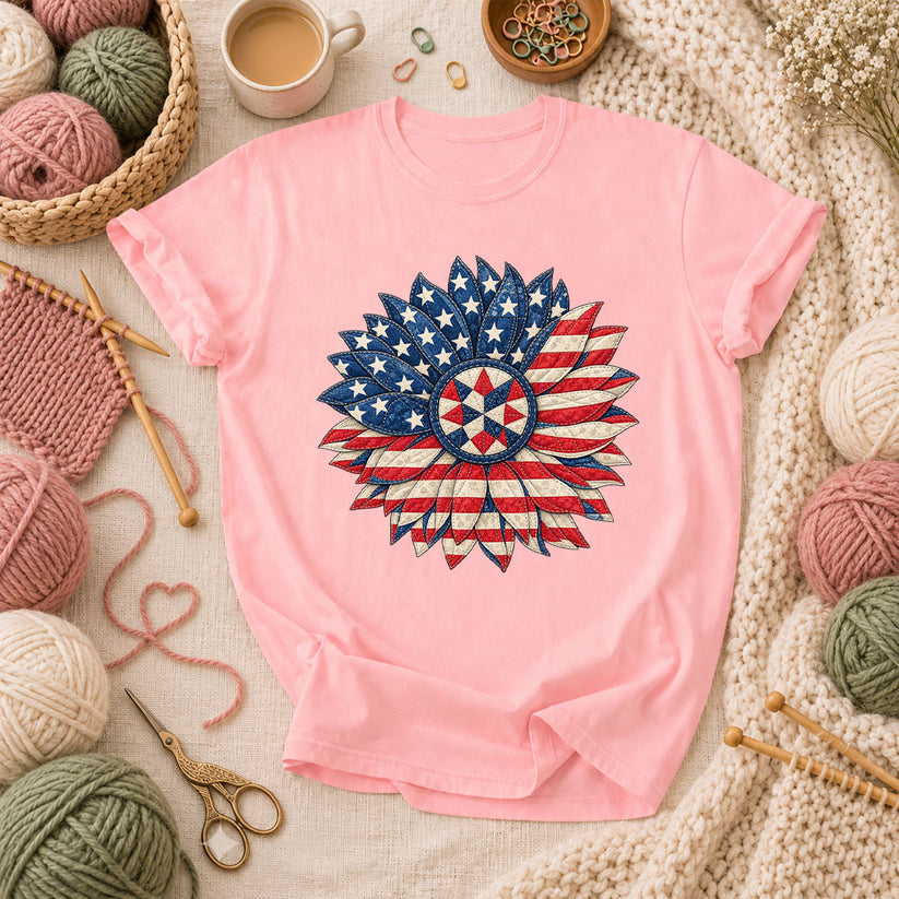 Patriotic Americana Quilted Sunflower T-Shirt - Pink