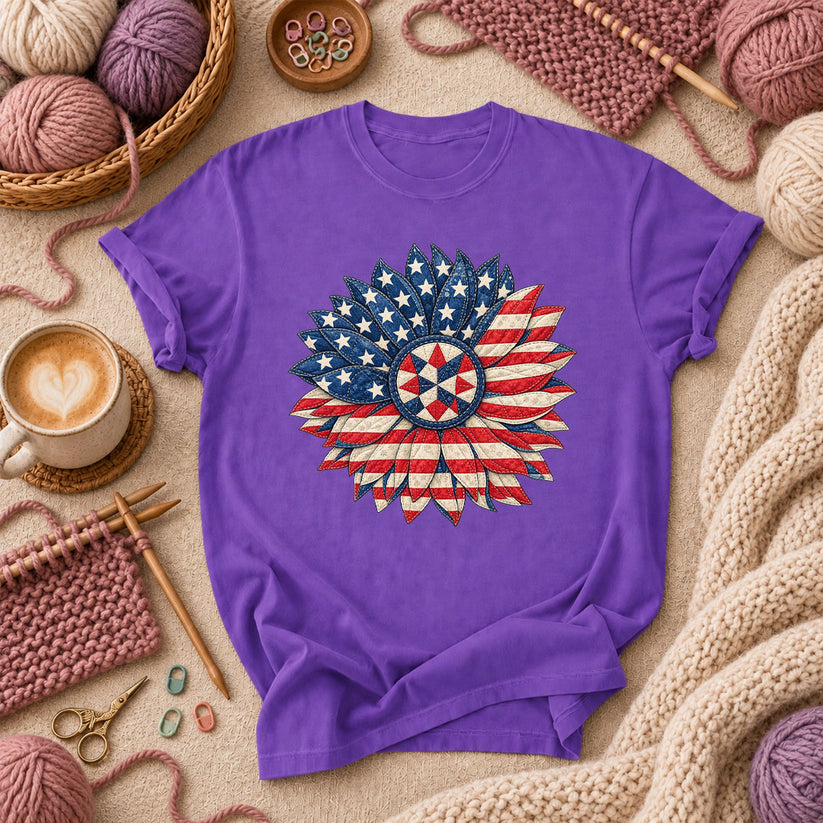 Patriotic Americana Quilted Sunflower T-Shirt - Purple