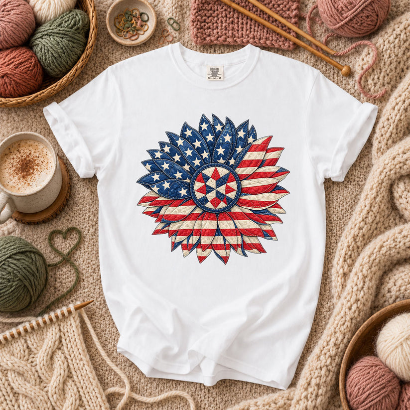Patriotic Americana Quilted Sunflower T-Shirt - White