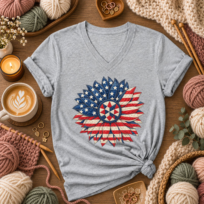 Patriotic Americana Quilted Sunflower Women's V-Neck - Athletic Heather