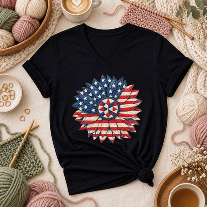 Patriotic Americana Quilted Sunflower Women's V-Neck - Black
