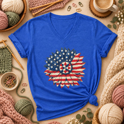 Patriotic Americana Quilted Sunflower Women's V-Neck - Heather True Royal
