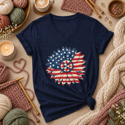 Patriotic Americana Quilted Sunflower Women's V-Neck - Navy
