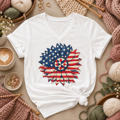 Patriotic Americana Quilted Sunflower Women's V-Neck - White