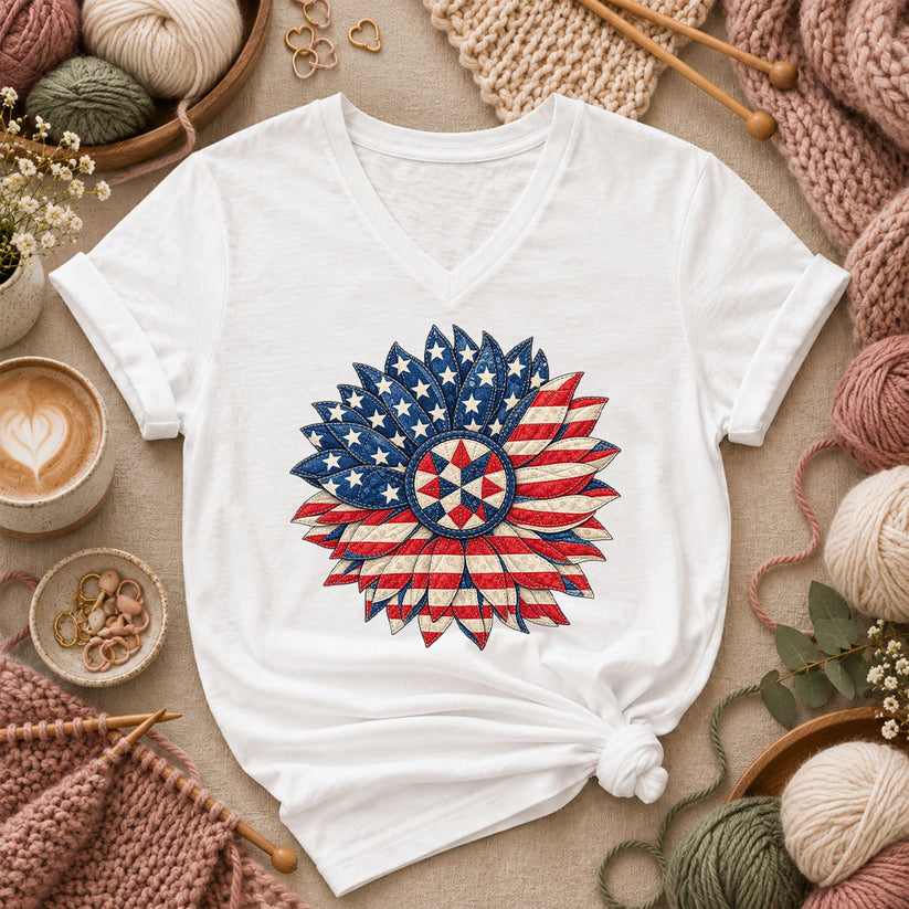 Patriotic Americana Quilted Sunflower Women's V-Neck - White