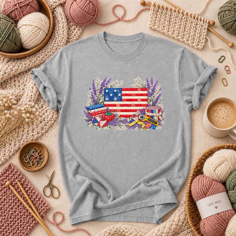 Patriotic Patchwork American Flag With Lavender T-Shirt - Athletic Heather