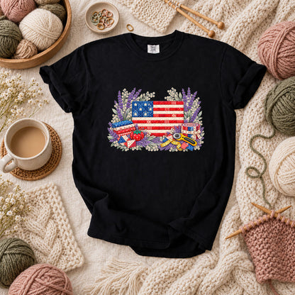 Patriotic Patchwork American Flag With Lavender T-Shirt - Black