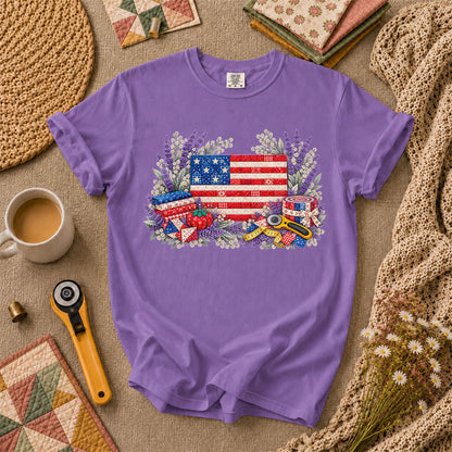 Patriotic Patchwork American Flag With Lavender T-Shirt - Heather Team Purple