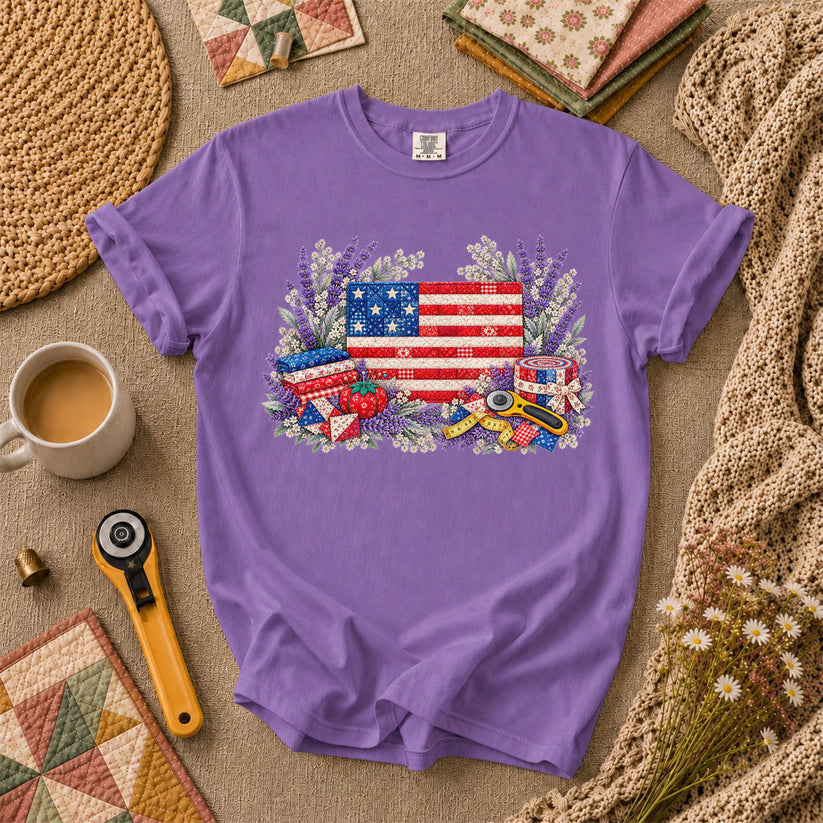 Patriotic Patchwork American Flag With Lavender T-Shirt - Heather Team Purple
