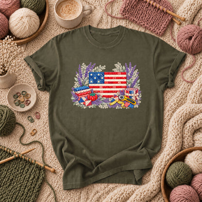 Patriotic Patchwork American Flag With Lavender T-Shirt - Military Green