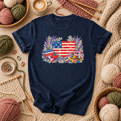 Patriotic Patchwork American Flag With Lavender T-Shirt - Navy