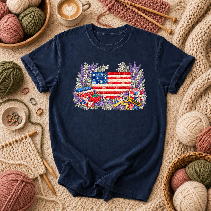 Patriotic Patchwork American Flag With Lavender T-Shirt - Navy