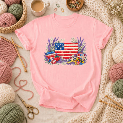 Patriotic Patchwork American Flag With Lavender T-Shirt - Pink