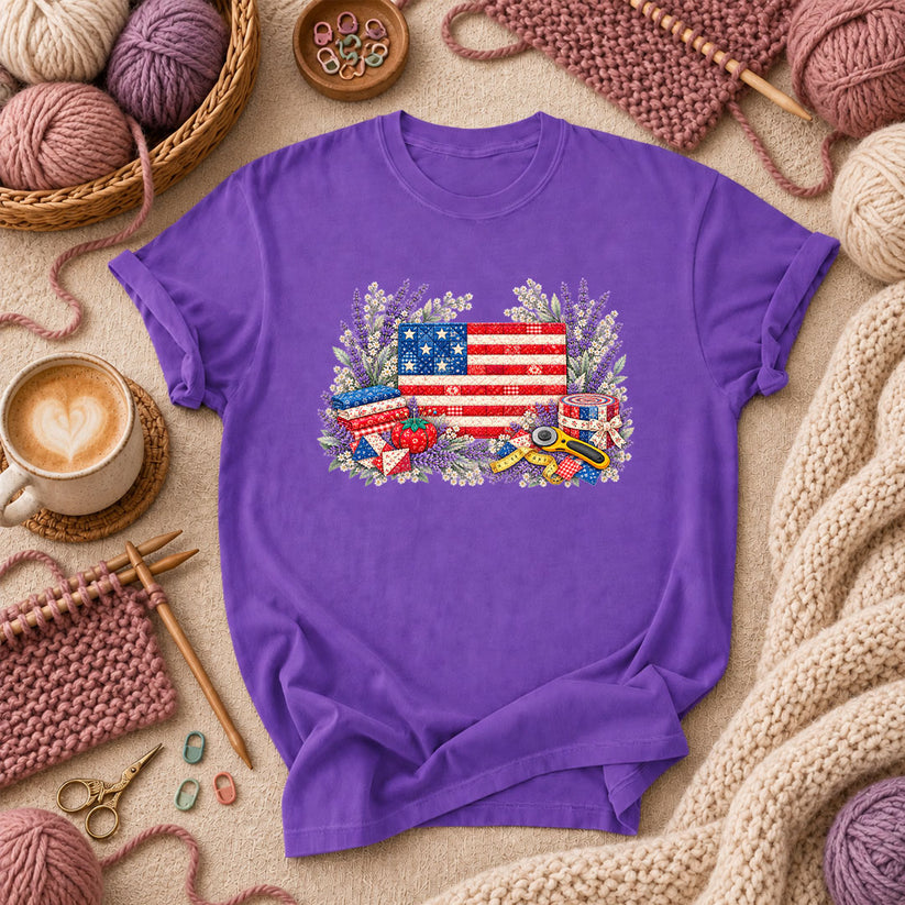 Patriotic Patchwork American Flag With Lavender T-Shirt - Purple