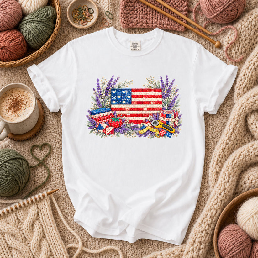 Patriotic Patchwork American Flag With Lavender T-Shirt - White