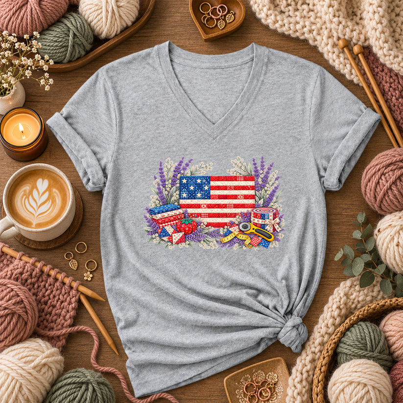 Patriotic Patchwork American Flag With Lavender Women's V-Neck - Athletic Heather