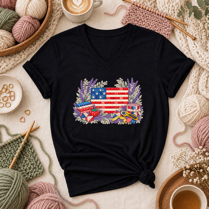 Patriotic Patchwork American Flag With Lavender Women's V-Neck - Black