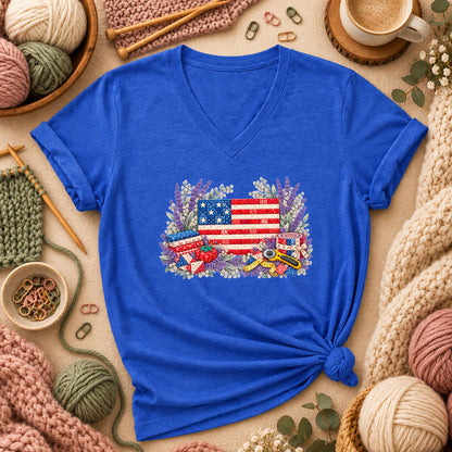 Patriotic Patchwork American Flag With Lavender Women's V-Neck - Heather True Royal