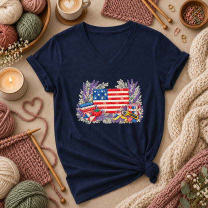 Patriotic Patchwork American Flag With Lavender Women's V-Neck - Navy