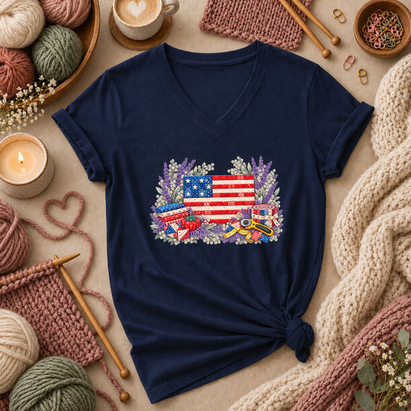 Patriotic Patchwork American Flag With Lavender Women's V-Neck - Navy