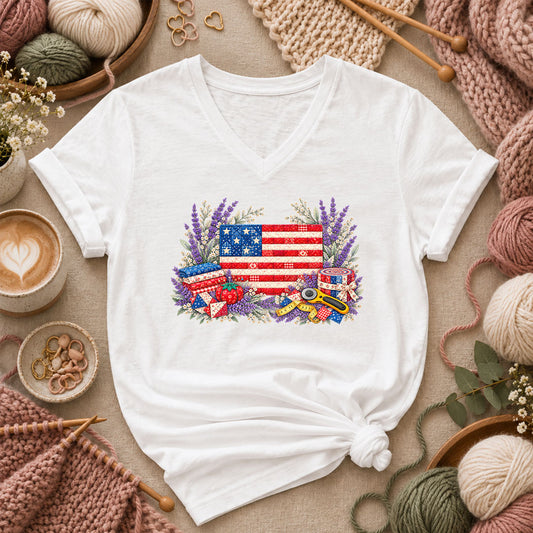 Patriotic Patchwork American Flag With Lavender Women's V-Neck - White