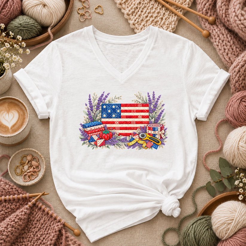 Patriotic Patchwork American Flag With Lavender Women's V-Neck - White