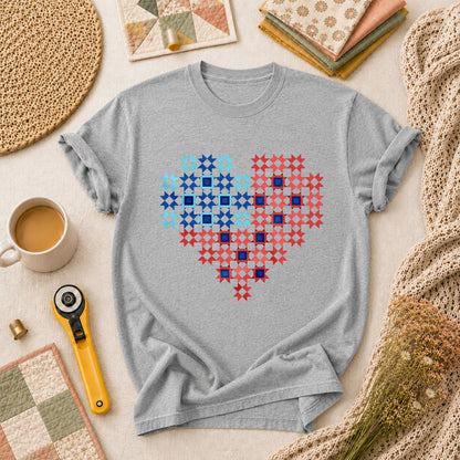 Patriotic Quilt Block Heart Red White Blue T-Shirt - Athletic Heather