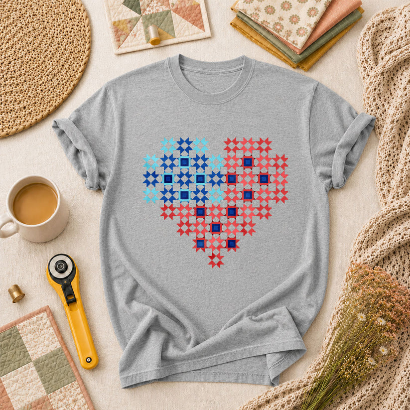 Patriotic Quilt Block Heart Red White Blue T-Shirt - Athletic Heather