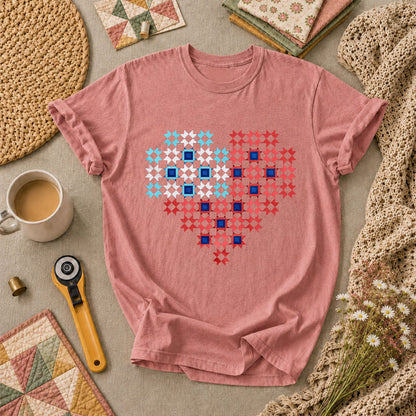 Patriotic Quilt Block Heart Red White Blue T-Shirt - Heather Mauve