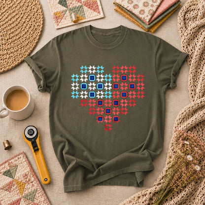 Patriotic Quilt Block Heart Red White Blue T-Shirt - Military Green
