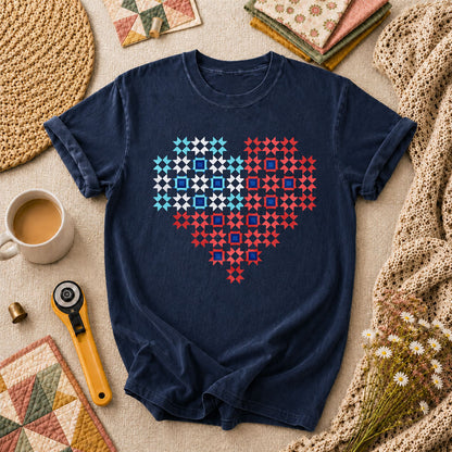 Patriotic Quilt Block Heart Red White Blue T-Shirt - Navy