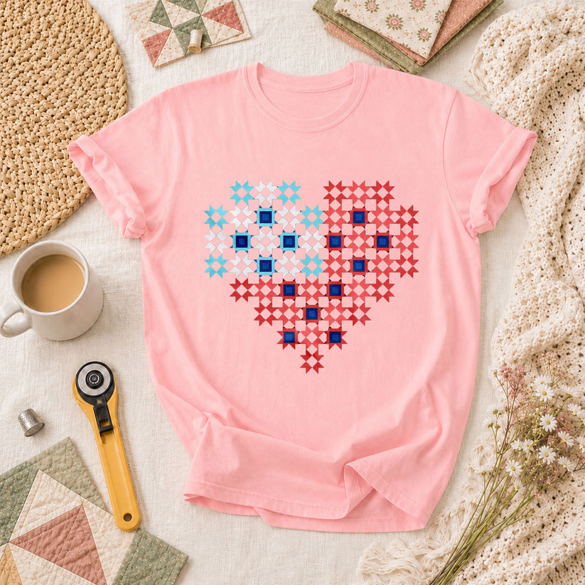 Patriotic Quilt Block Heart Red White Blue T-Shirt - Pink