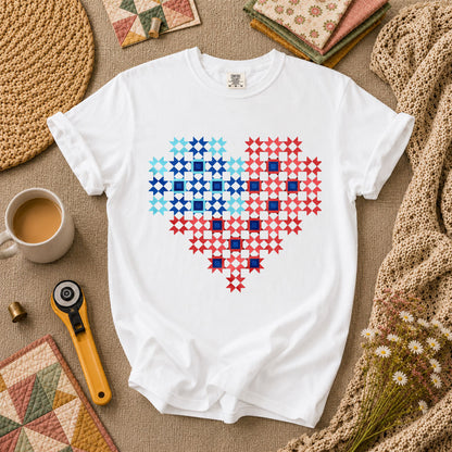 Patriotic Quilt Block Heart Red White Blue T-Shirt - White