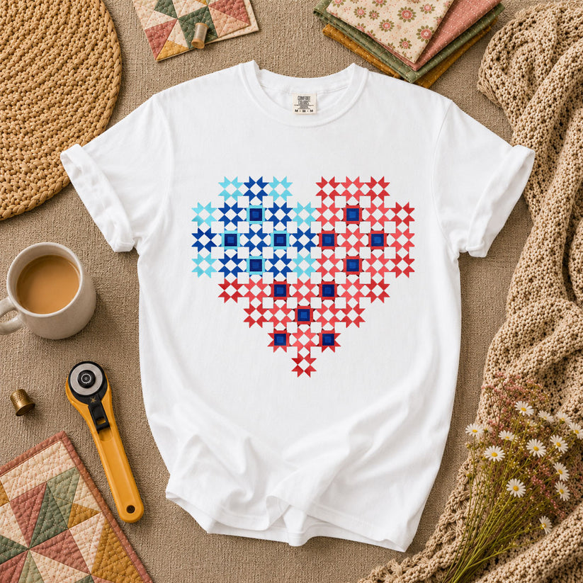 Patriotic Quilt Block Heart Red White Blue T-Shirt - White