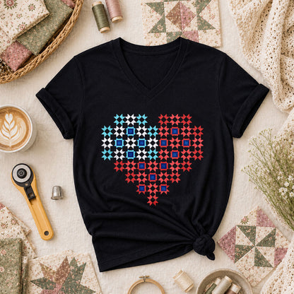 Patriotic Quilt Block Heart Red White Blue Women's V-Neck - Black