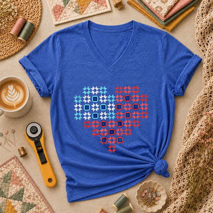 Patriotic Quilt Block Heart Red White Blue Women's V-Neck - Heather True Royal
