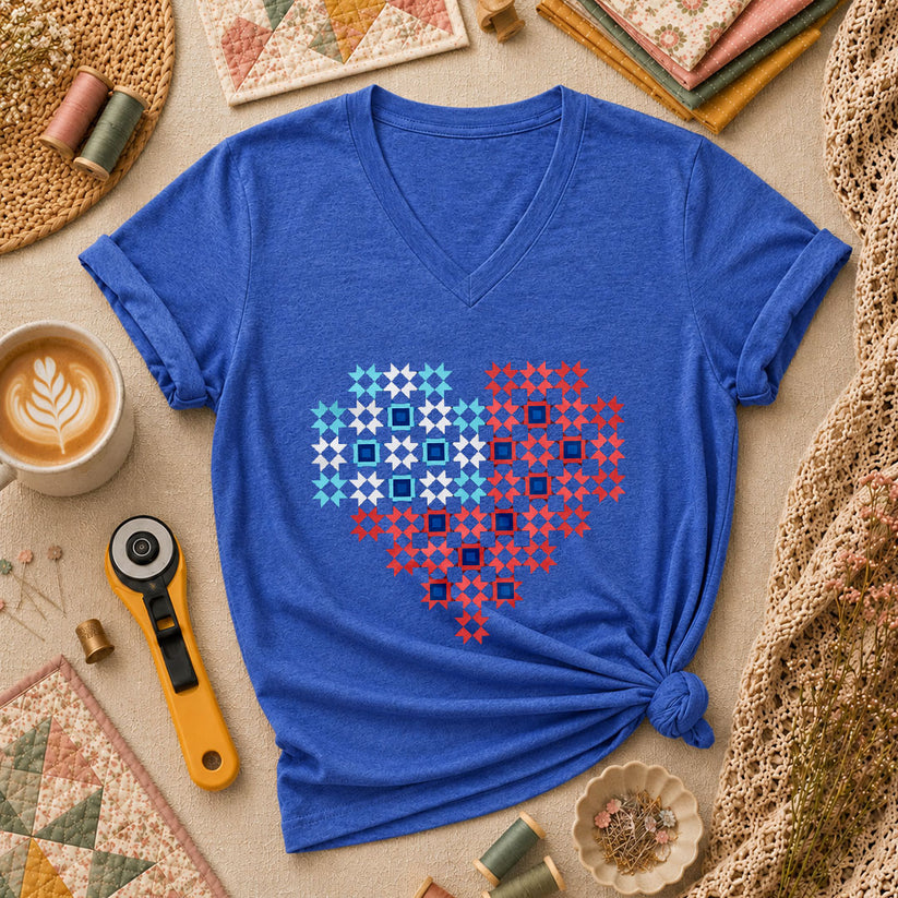 Patriotic Quilt Block Heart Red White Blue Women's V-Neck - Heather True Royal