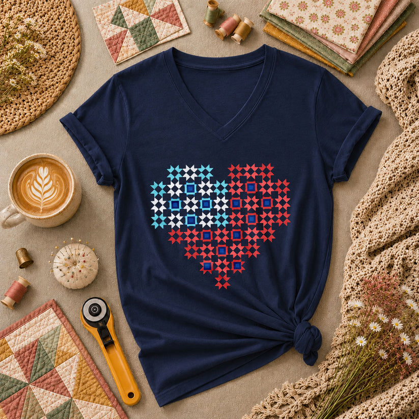 Patriotic Quilt Block Heart Red White Blue Women's V-Neck - Navy