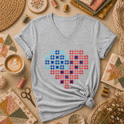 Patriotic Quilt Block Heart Red White Blue Women's V-Neck - Sport Grey