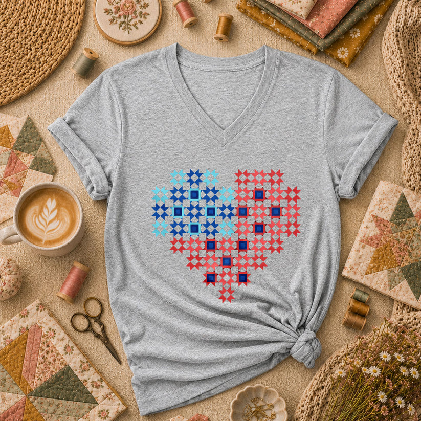 Patriotic Quilt Block Heart Red White Blue Women's V-Neck - Sport Grey