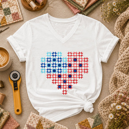 Patriotic Quilt Block Heart Red White Blue Women's V-Neck - White