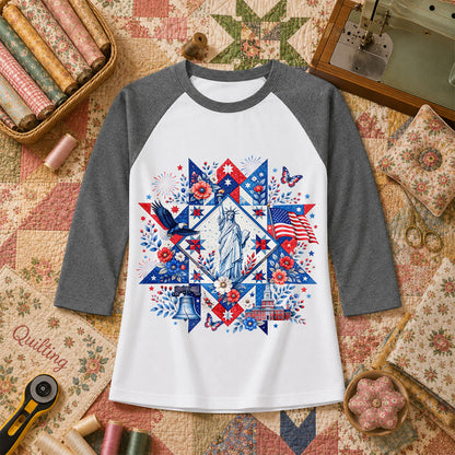 Patriotic Quilt Block Statue Of Liberty Floral Raglan Sleeve - Deep Heather