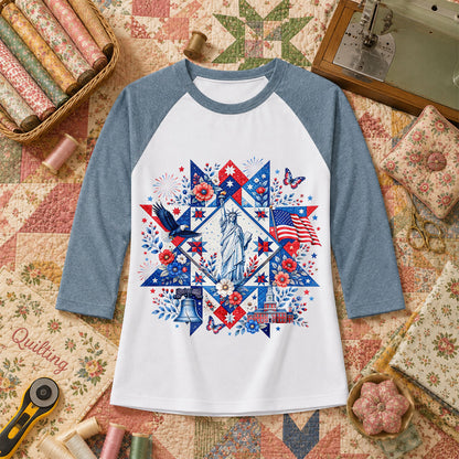 Patriotic Quilt Block Statue Of Liberty Floral Raglan Sleeve - Denim