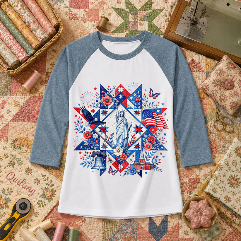 Patriotic Quilt Block Statue Of Liberty Floral Raglan Sleeve - Denim